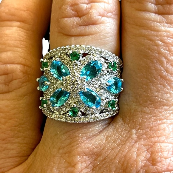 925 Silver Blue Green Zircon Statement Ring - Picture 5 of 7